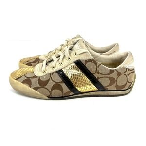 Coach Meagan Signature C Monogram Gold Snake Print Sneakers‎ Size 7M